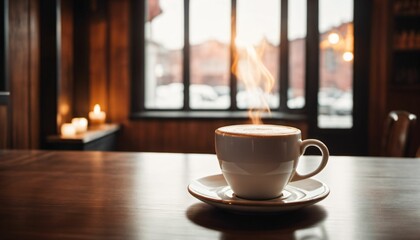 cup of hot coffee with cozy coffeehouse restaurant background, created using AI generative technology