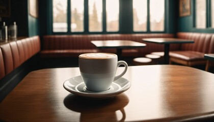 Fototapeta premium cup of hot coffee with cozy coffeehouse restaurant background, created using AI generative technology