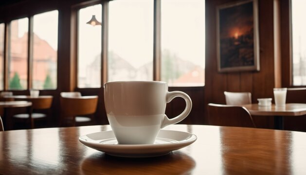 cup of hot coffee with cozy coffeehouse restaurant background, created using AI generative technology