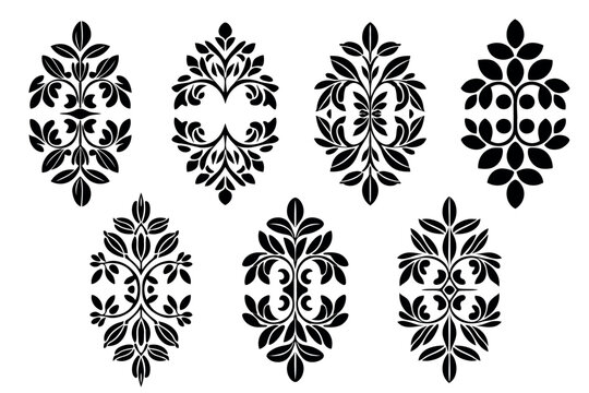 Decorative oval pattern of leaf elements, black silhouette on transparent background, vector set