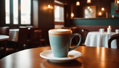 cup of hot coffee with cozy coffeehouse restaurant background, created using AI generative technology
