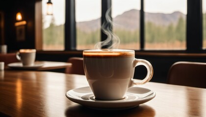 cup of hot coffee with cozy coffeehouse restaurant background, created using AI generative technology