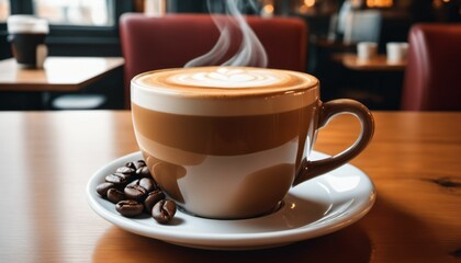 cup of hot coffee with cozy coffeehouse restaurant background, created using AI generative technology