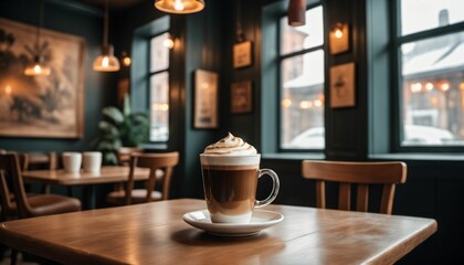 Obraz premium cup of hot coffee with cozy coffeehouse restaurant background, created using AI generative technology