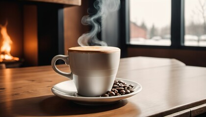 cup of hot coffee with cozy coffeehouse restaurant background, created using AI generative technology