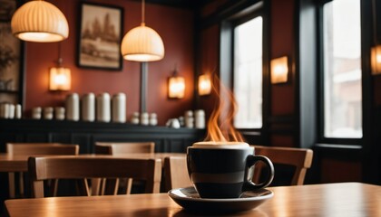Obraz premium cup of hot coffee with cozy coffeehouse restaurant background, created using AI generative technology