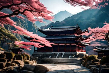 Naklejka premium Japanese Temple In Mountains Surrounded By Beautiful Sakura Blossoms 