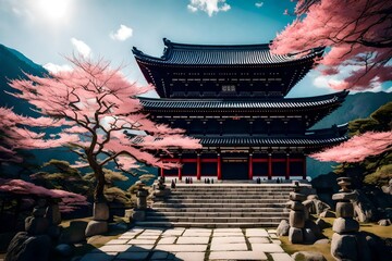 Japanese Temple In Mountains Surrounded By Beautiful Sakura Blossoms  - obrazy, fototapety, plakaty