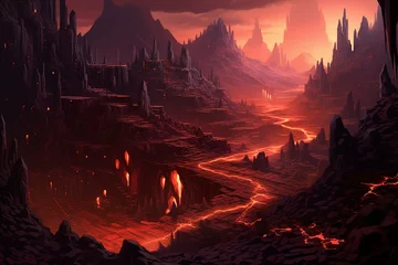 Gordijnen Minecraft's basalt-filled land of Nether. Generative AI © Rafaela