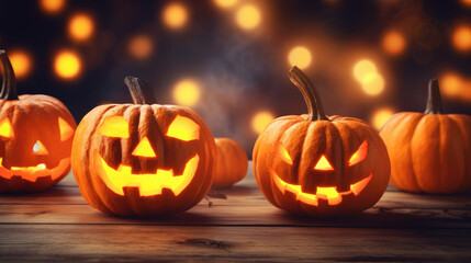 Naklejka na ściany i meble Halloween 2023, orange pumpkins on a wooden table on a bokeh glowing background