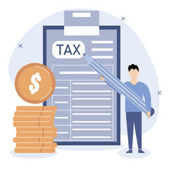 Tax declaration concept. The character stands next to the tax form and fills it out. Vector illustration.