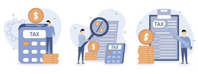 Taxes illustration set.  Taxation planning concept.Characters fill out a tax declaration, calculate the amount of taxes paid, pay taxes. Vector illustration. - obrazy, fototapety, plakaty