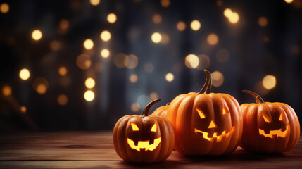 Halloween 2023, orange pumpkins on a wooden table on a bokeh glowing background