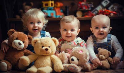 Babies smiling and happy playing in the daycare center on Children's Day in a toy room background.