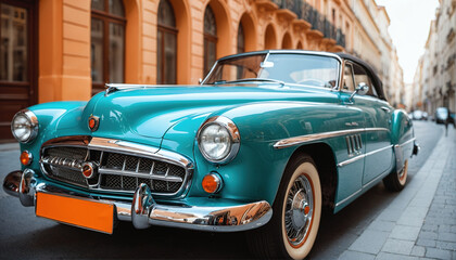 front side view of teal colored oldtimer car parked in city, empty orange plate and walls in background, generative AI - obrazy, fototapety, plakaty