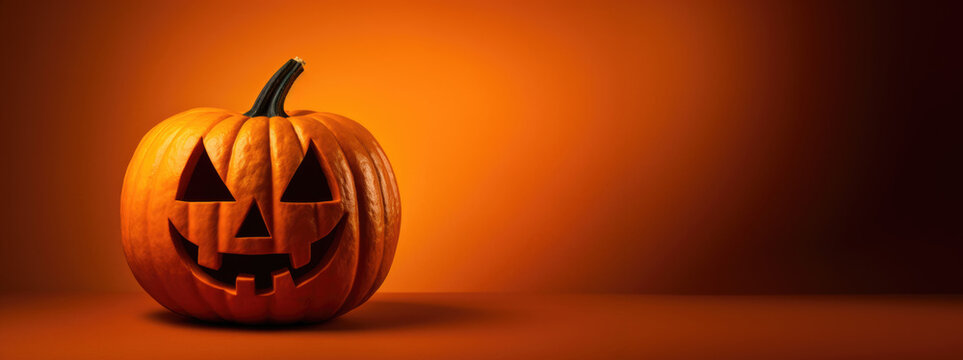 Real Jack O Lantern for Halloween on orange background, Copy-space