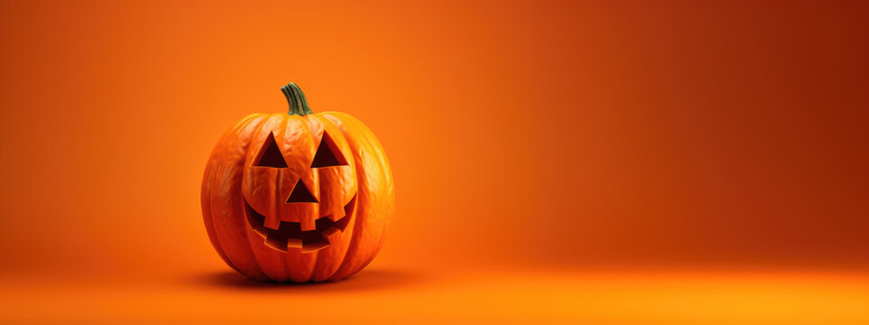 Real Jack O Lantern for Halloween on orange background, Copy-space