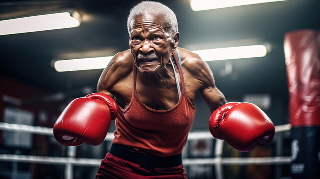 Senior man exhibiting strength and resilience as a boxer