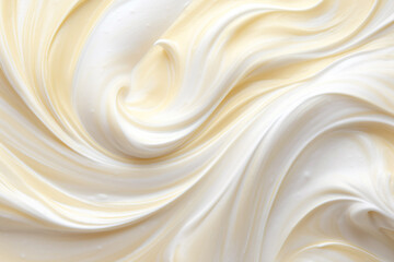 A close-up of creamy vanilla cream with a bright yellow appearance and ripples