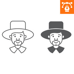 Pilgrim man line and solid icon, outline style icon for web site or mobile app, thanksgiving and holiday, man in hat vector icon, simple vector illustration, vector graphics with editable strokes.