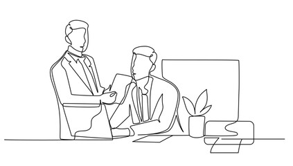  continuous line draw team work giving presentation about increasing product sales to his team at the office. Group meeting concept design vector illustration