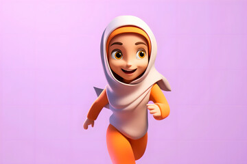 Cartoon avatar vr young Arab woman or girl in Middle East clothes running and doing fitness