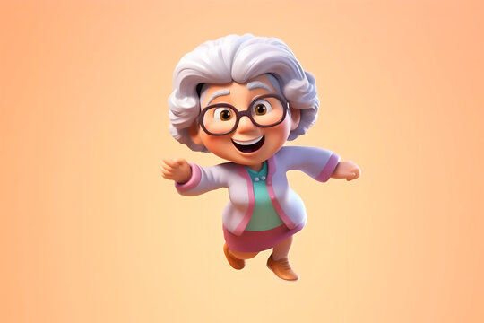 Energetic 3D-rendered portrayal of an active Asian grandmother, joyfully running with a toy-like facial expression. Creative character design capturing vibrant motion