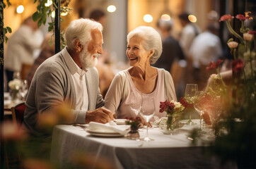 Beautiful senior couple sitting at a table in a restaurant, talking and smiling