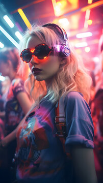 Rave firl in a night club, party, club, dancing, raving,fun, night party