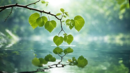 green leaves and water drops in river