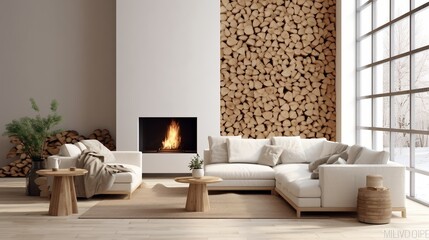 White sofa with blanket and wooden coffee table against fireplace with firewood stack. Minimalist scandinavian home interior design of modern living room. Created with generative AI