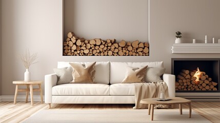 White sofa with blanket and wooden coffee table against fireplace with firewood stack. Minimalist scandinavian home interior design of modern living room. Created with generative AI