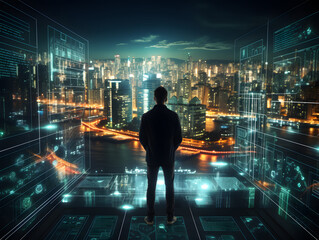 Business man thinking about a difficult and very important deciision he has to make in his office in the city at night, evening, business, businessman, think, boss, highpay job, leader, ceo