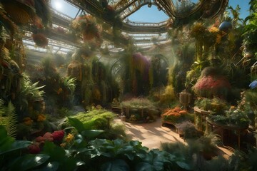 a garden filled with robotic plants and animals, each with intricate, clockwork components - AI Generative