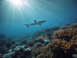 Fototapeta premium Shark Swimming Under Water Coral Reefs Marine Life Creatures Nature Animal Conservation Ecology Ecosystem Ecofriendly Endangered Species Ultra Wide Shot