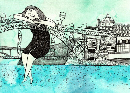 Woman sitting on the bridge of Porto with a cup of wine 