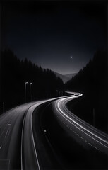 Traces of car headlights on the night road. AI Generated - 646404530