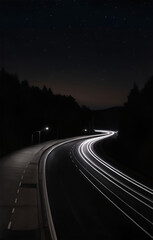 Fototapeta na wymiar Traces of car headlights on the night road. AI Generated