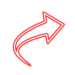 Neon red arrow pointer on a transparent background. Red symbol of all direction arrow. Glowing signs best for social media, pointing, chart, success, stock market graphics.