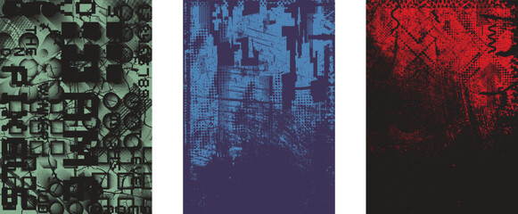 Glitch distorted grungy isolated layers . Design element for brochure, social media, posters, flyers. Overlay texture.Textured banner with Distress effect .Vector halftone dots . Screen print texture