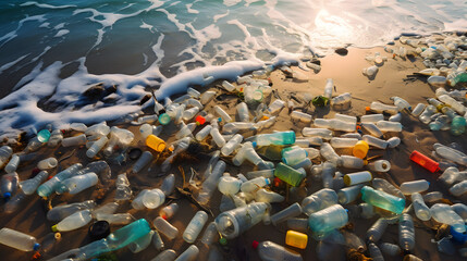 Ocean Pollution Crisis: Plastic Bottles and Microplastics on Beach