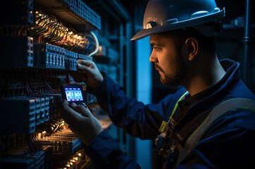 Electrical engineer working in network server room. Electrical engineering concept.