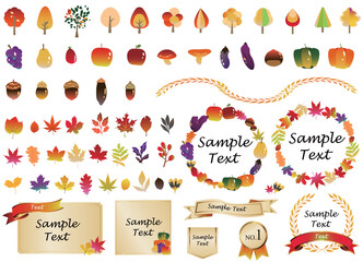 秋の素材のアイコンとフレームとカードとリボンのイラストセット
