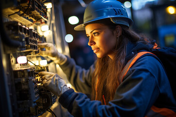 Portrait of a female electrician at work in a power plant