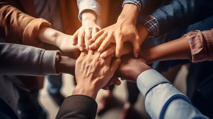 United Hands: Top View of Unity, Teamwork, and Cooperation - obrazy, fototapety, plakaty
