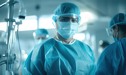 Focused female surgeon in scrubs and mask.