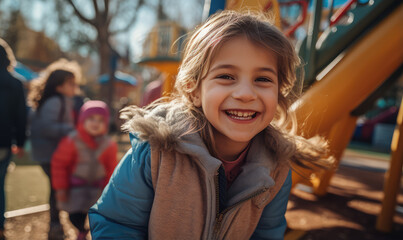 Smiling children playing in a park during Children's Day celebrations with party background.