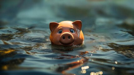 Pig sinks into the water. Piggy bank drowning in bankruptcy debt concept.