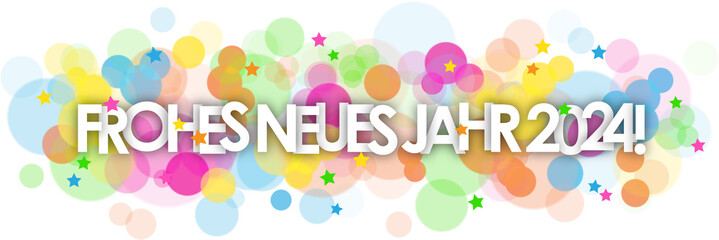 Fototapeta na wymiar FROHES NEUEUS JAHR 2024! (HAPPY NEW YEAR 2024! in German) banner with colorful bokeh lights and stars on transparent background