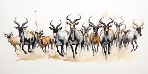 Abstract painting of a herd of running wild antelops, light background